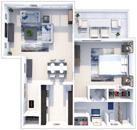 Floor plan for 1 bed, 1 bath, 672 sqft