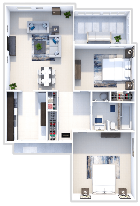 Floor plan for 2 beds, 1 bath, 888 sqft