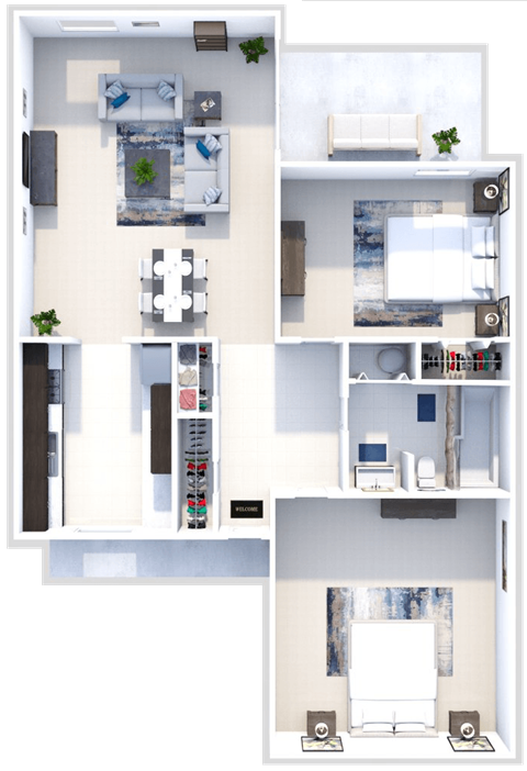 Floor plan for 2 beds, 1 bath, 784 sqft
