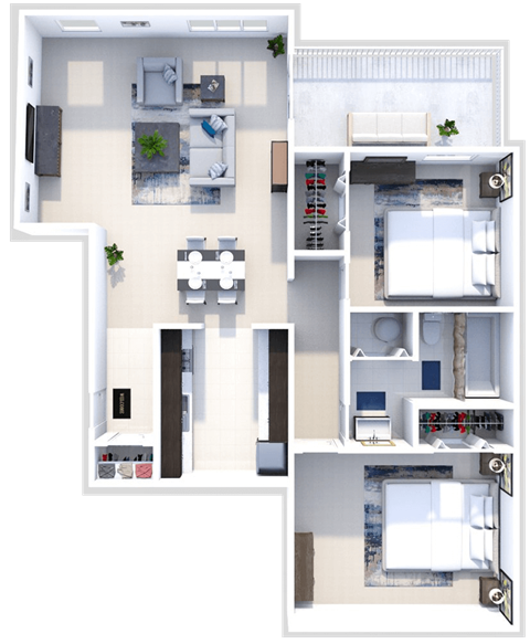 Floor plan for 2 beds, 1 bath, 840 sqft