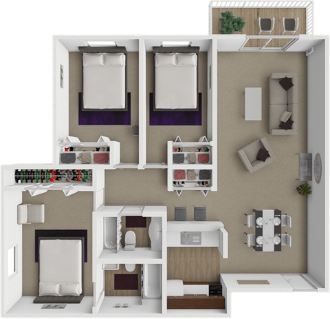 Floor plan for 3 beds, 2 baths, 1220 sqft