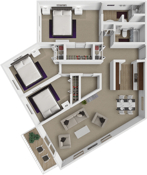 Floor plan for 3 beds, 2 baths, 1249 sqft