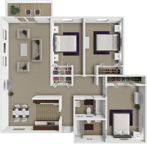 Floor plan for 3 beds, 2 baths, 1132 sqft