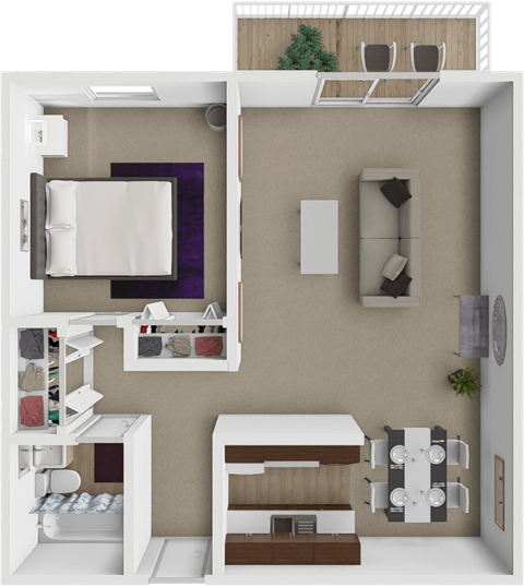 Floor plan for 1 bed, 1 bath, 730 sqft