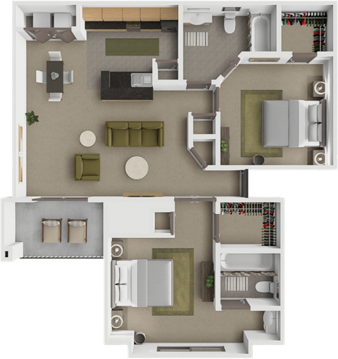 Floor plan for 2 beds, 2 baths, 968 sqft