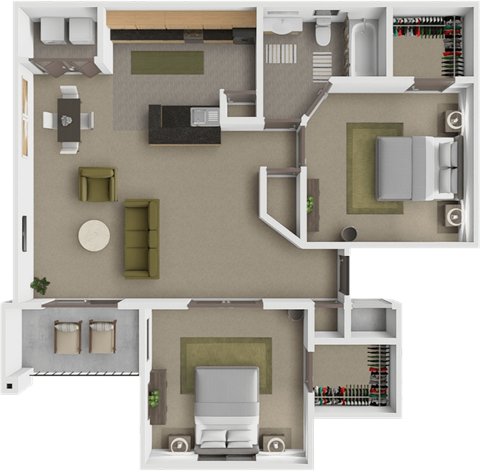 Floor plan for 2 beds, 1 bath, 847 sqft
