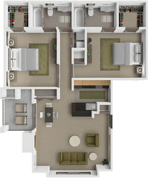 Floor plan for 2 beds, 2 baths, 1025 sqft