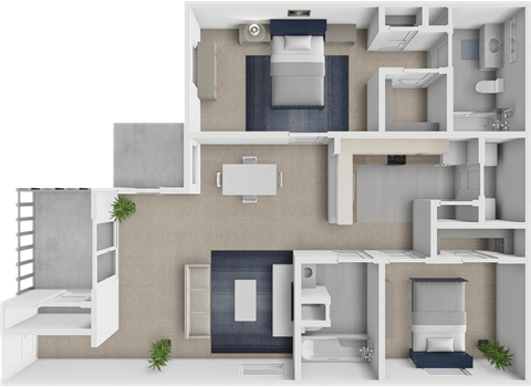Floor plan for 2 beds, 2 baths, 970 sqft