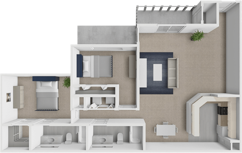 Floor plan for 2 beds, 2 baths, 1055 sqft
