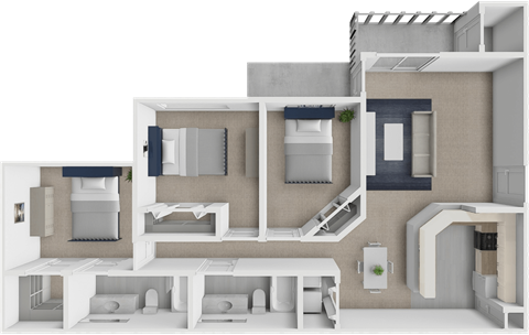Floor plan for 3 beds, 2 baths, 1256 sqft