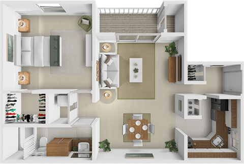 Floor plan for 1 bed, 1 bath, 721 sqft