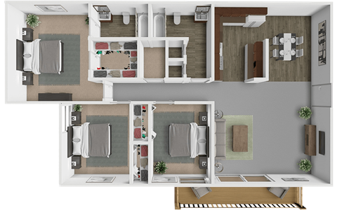 Floor plan for 3 beds, 2 baths, 1219 sqft