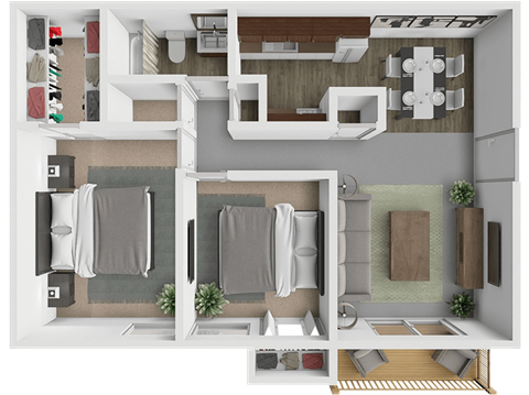 Floor plan for 2 beds, 1 bath, 933 sqft
