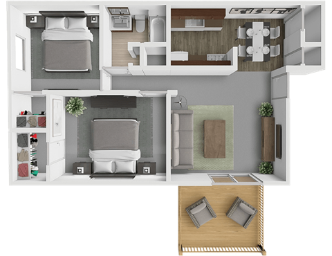 Floor plan for 2 beds, 1 bath, 834 sqft