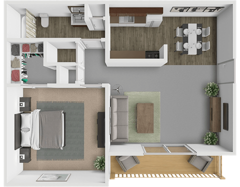 Floor plan for 1 bed, 1 bath, 715 sqft