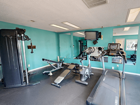 St. Louis apartment for rent - A gym with treadmills, elliptical machines, and a television.