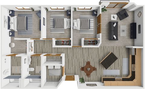 Floor plan for 3 beds, 2 baths, 1362 sqft