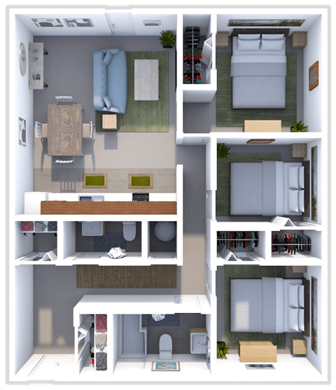 Floor plan for 3 beds, 1 bath, 780 sqft