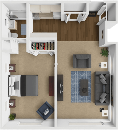 Floor plan for 1 bed, 1 bath, 640 sqft