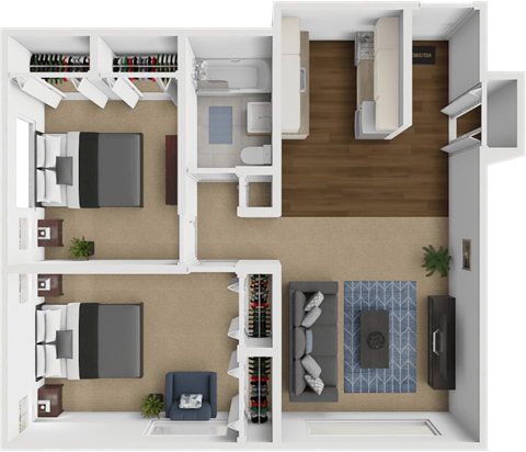 Floor plan for 2 beds, 1 bath, 780 sqft