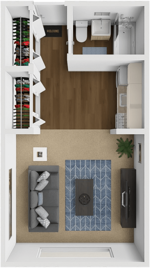 Floor plan for studio, 1 bath, 290 sqft