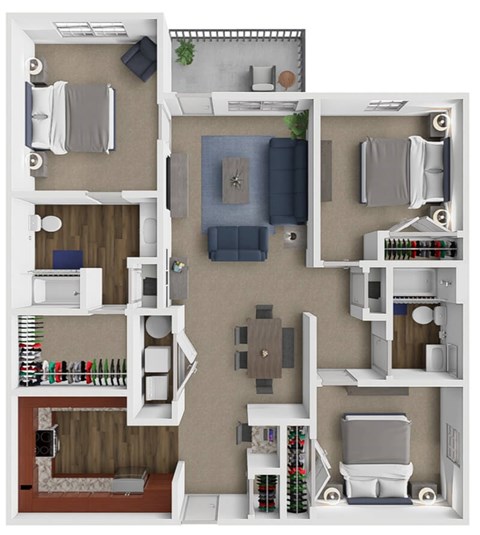 Floor plan for 3 beds, 2 baths, 1369 sqft