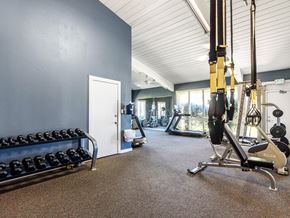 Albuquerque apartment for rent - A gym with a variety of equipment including a weight bench, a leg press machine, and a rowing machine.