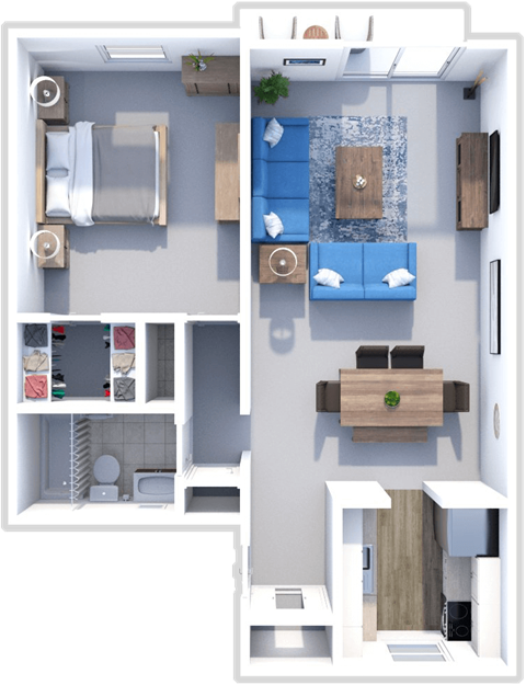 Floor plan for 1 bed, 1 bath, 909 sqft