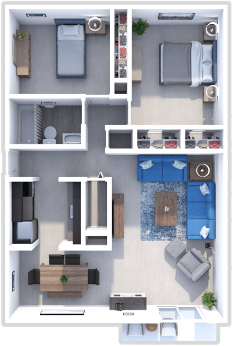 Floor plan for 2 beds, 1 bath, 1023 sqft