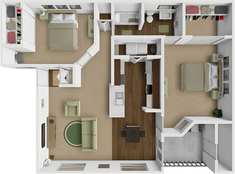 Floor plan for 2 beds, 1 bath, 883 sqft