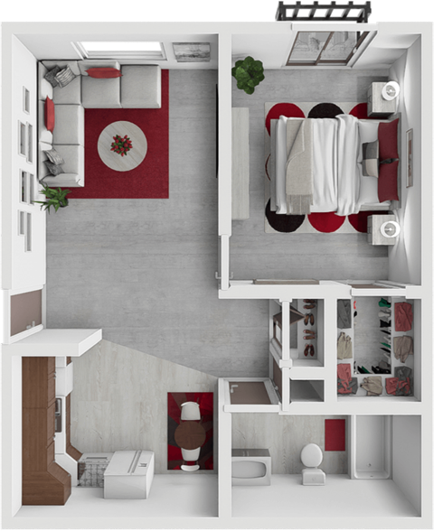 Floor plan for 1 bed, 1 bath, 700 sqft