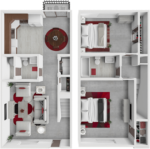 Floor plan for 2 beds, 1.5 baths, 1050 sqft