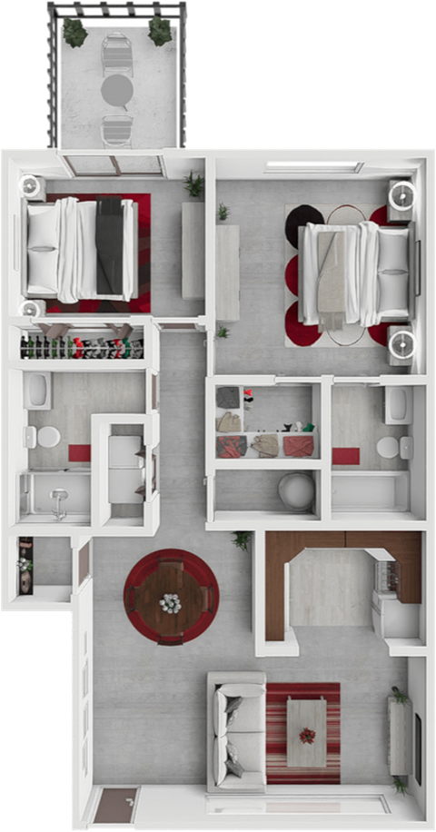 Floor plan for 2 beds, 2 baths, 1000 sqft