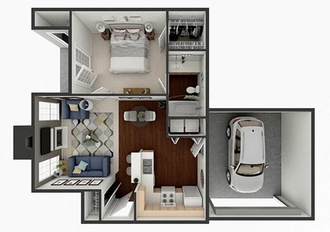 Floor plan for 1 bed, 1 bath, 597 sqft