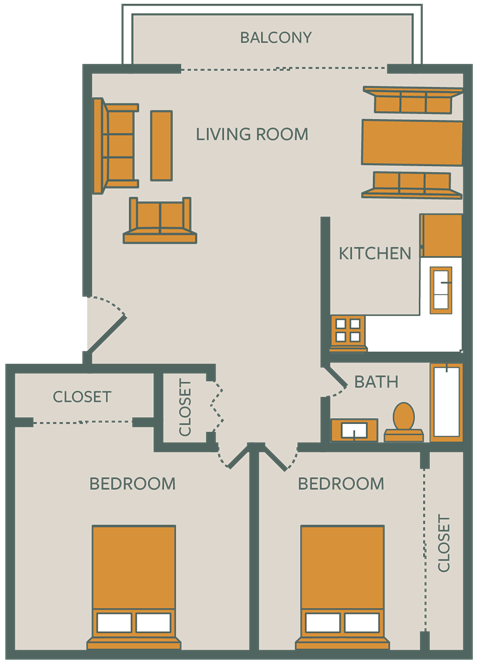 Floor plan for 2 beds, 1 bath, 650 sqft
