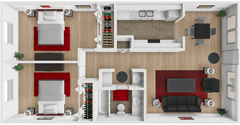 Floor plan for 2 beds, 1 bath, 975 sqft