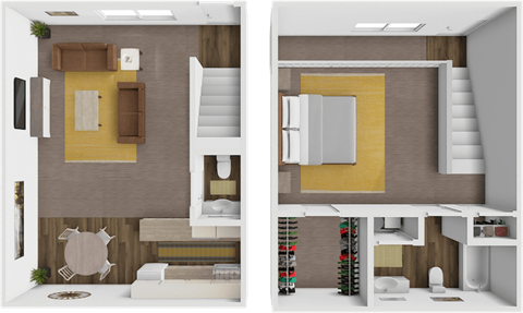 Floor plan for 1 bed, 1.5 baths, 906 sqft