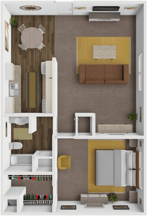 Floor plan for 1 bed, 1 bath, 725 sqft