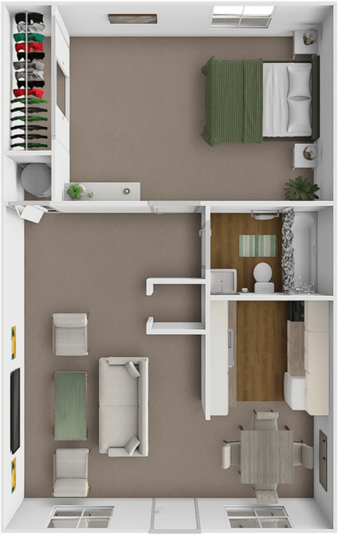 Floor plan for 1 bed, 1 bath, 590 sqft