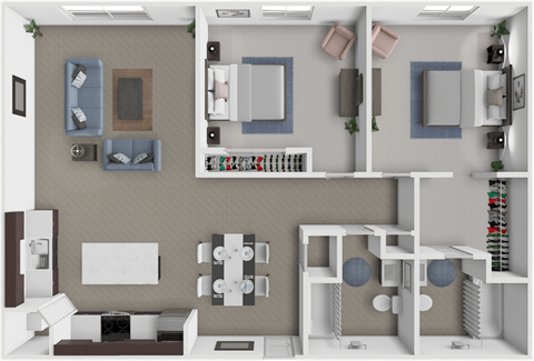 Floor plan for 2 beds, 2 baths, 887 sqft