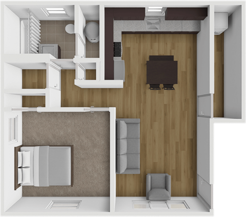 Floor plan for 1 bed, 1 bath, 600 sqft