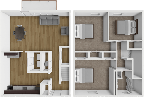 Floor plan for 3 beds, 1 bath, 1040 sqft