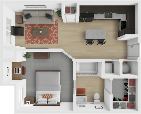 Floor plan for 1 bed, 1 bath, 566 sqft