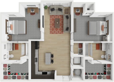 Floor plan for 2 beds, 2 baths, 455 sqft