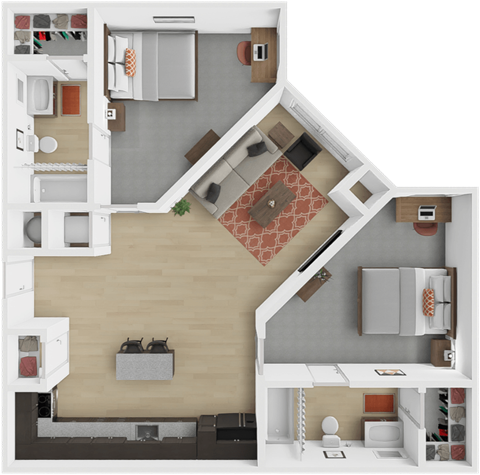 Floor plan for 2 beds, 2 baths, 464 sqft
