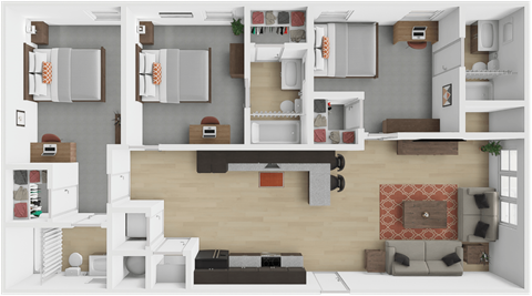 Floor plan for 3 beds, 3 baths, 381 sqft