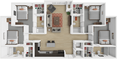Floor plan for 4 beds, 4 baths, 345 sqft