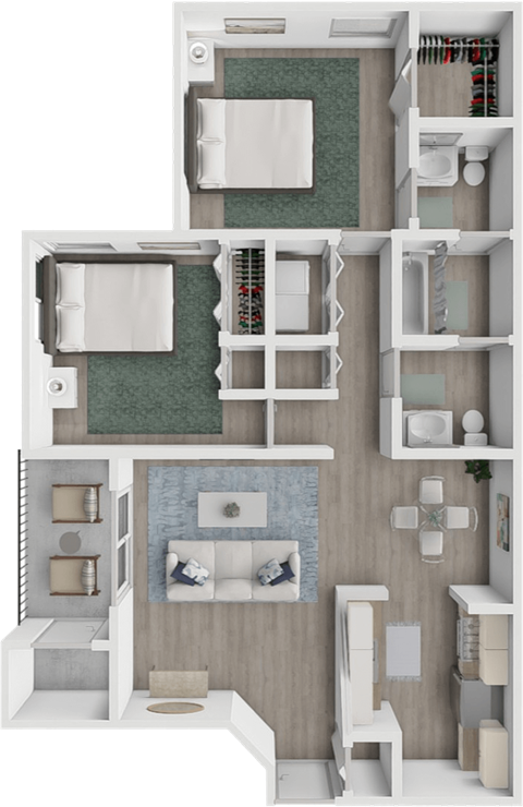 Floor plan for 2 beds, 1.5 baths, 890 sqft