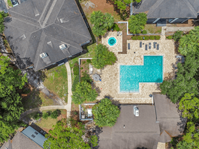 Gainesville apartment for rent - The Earl Apartments aerial view of pool