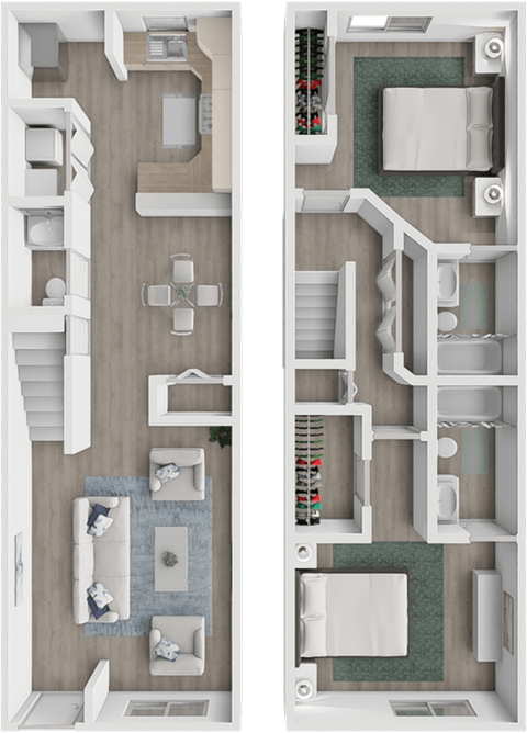Floor plan for 2 beds, 2.5 baths, 1200 sqft